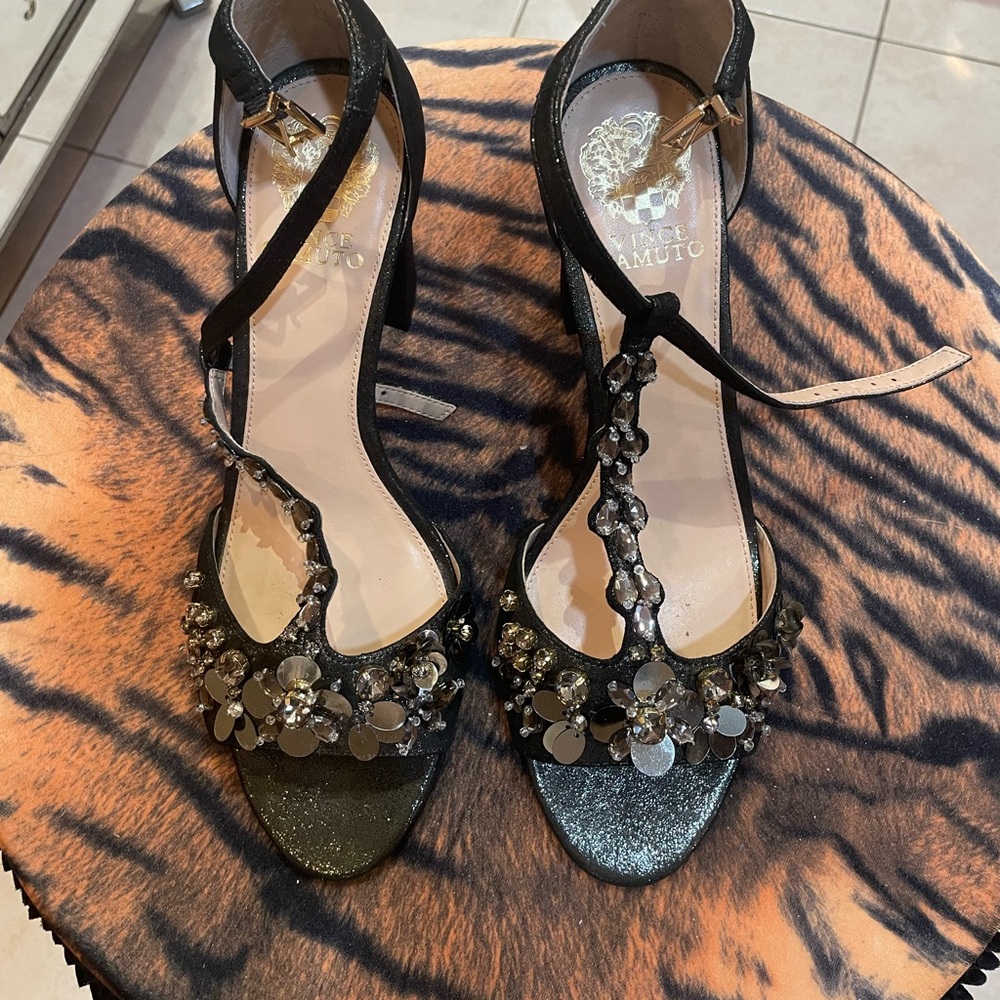 Vince Camuto Black and Silver Floral Embellished Heels